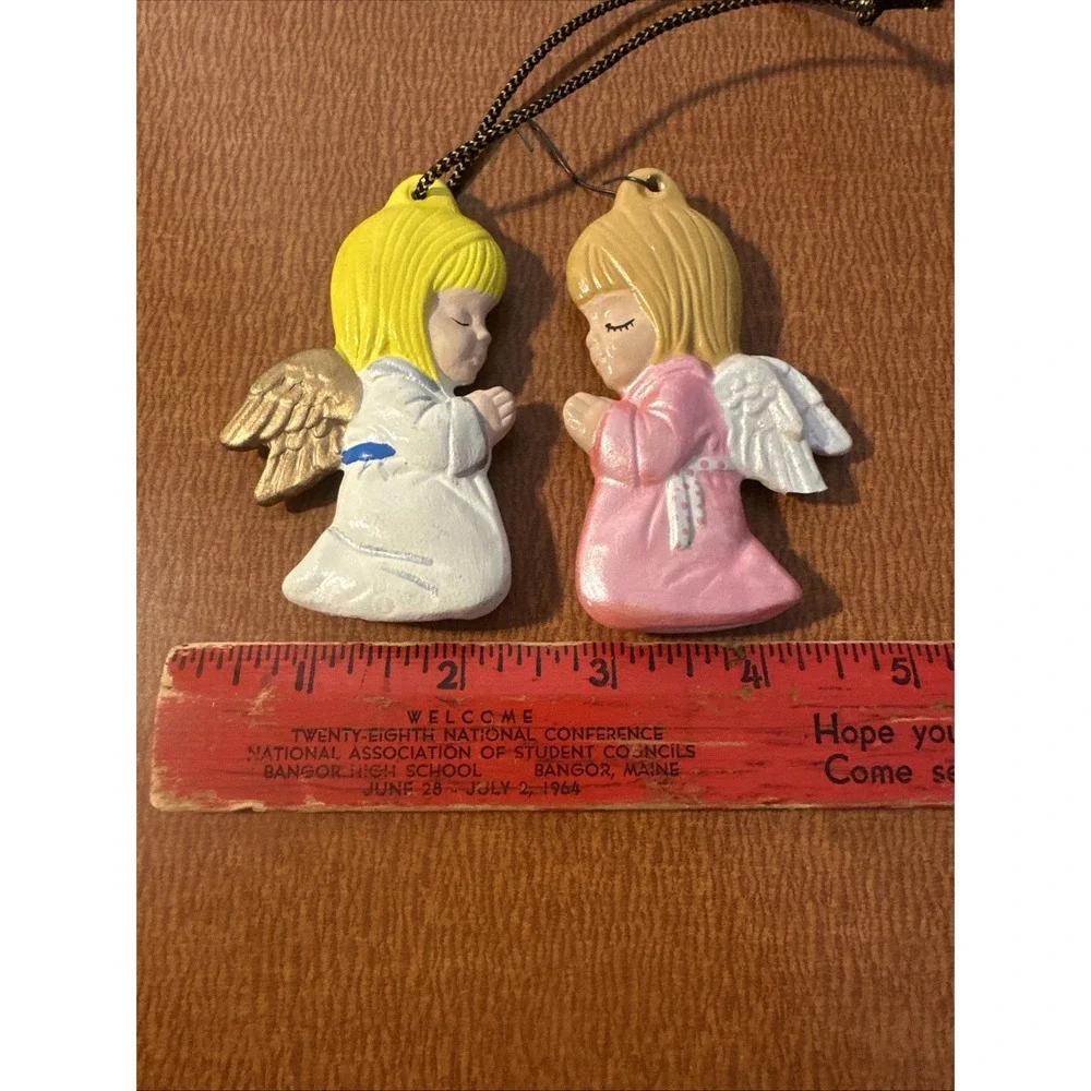 Vintage‎ Christmas Ornaments Girl Angels Hand Painted Ceramic Both Sides